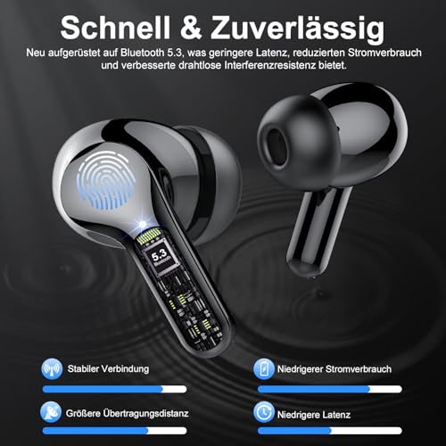 Bluetooth Kopfhörer, Kopfhörer Kabellos Bluetooth 5.3 In Ear, 4 ENC Noise Cancelling Mic Ohrhörer, HiFi Stereo Tiefbass, 40H Spielzeit, LED-Anzeige, IP7 Wasserdichte Earbuds, Touch Control, Schwarz(Smartphones, Gaming-Zubehör, Elektronik-Bestseller)