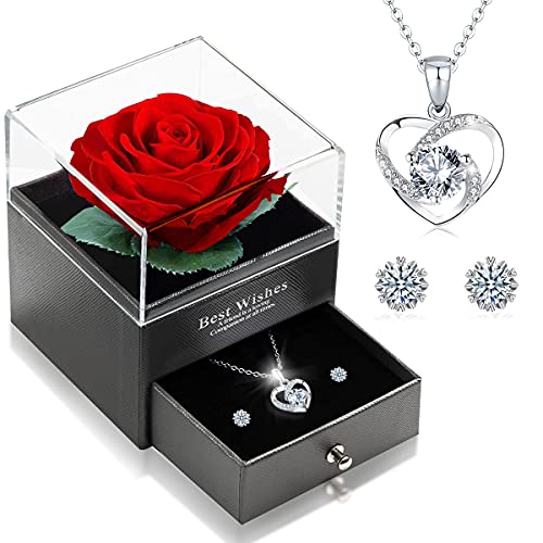 Ewige Echte Rose mit Herz Halskette und Ohrringe aus 925 Sterlingsilber, Infinity Rosen, Schmuck Geschenkbox, Rosenbox Geburtstag, Valentinstag, Hochzeitstag Geschenke für Sie Freundin Frauen